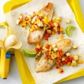 Banana mango salsa with whitefish